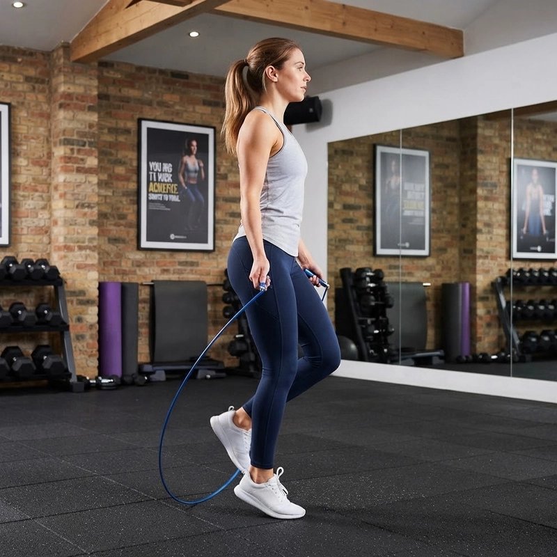 Corde à sauter bleue femme prête pour séance cardio